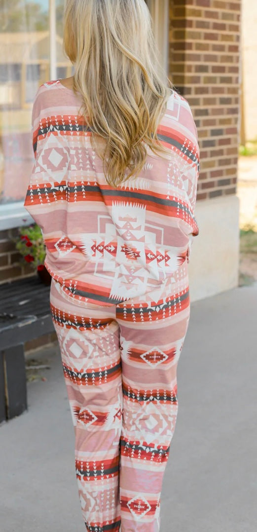 Geometric Top and Drawstring Pants Lounge Set