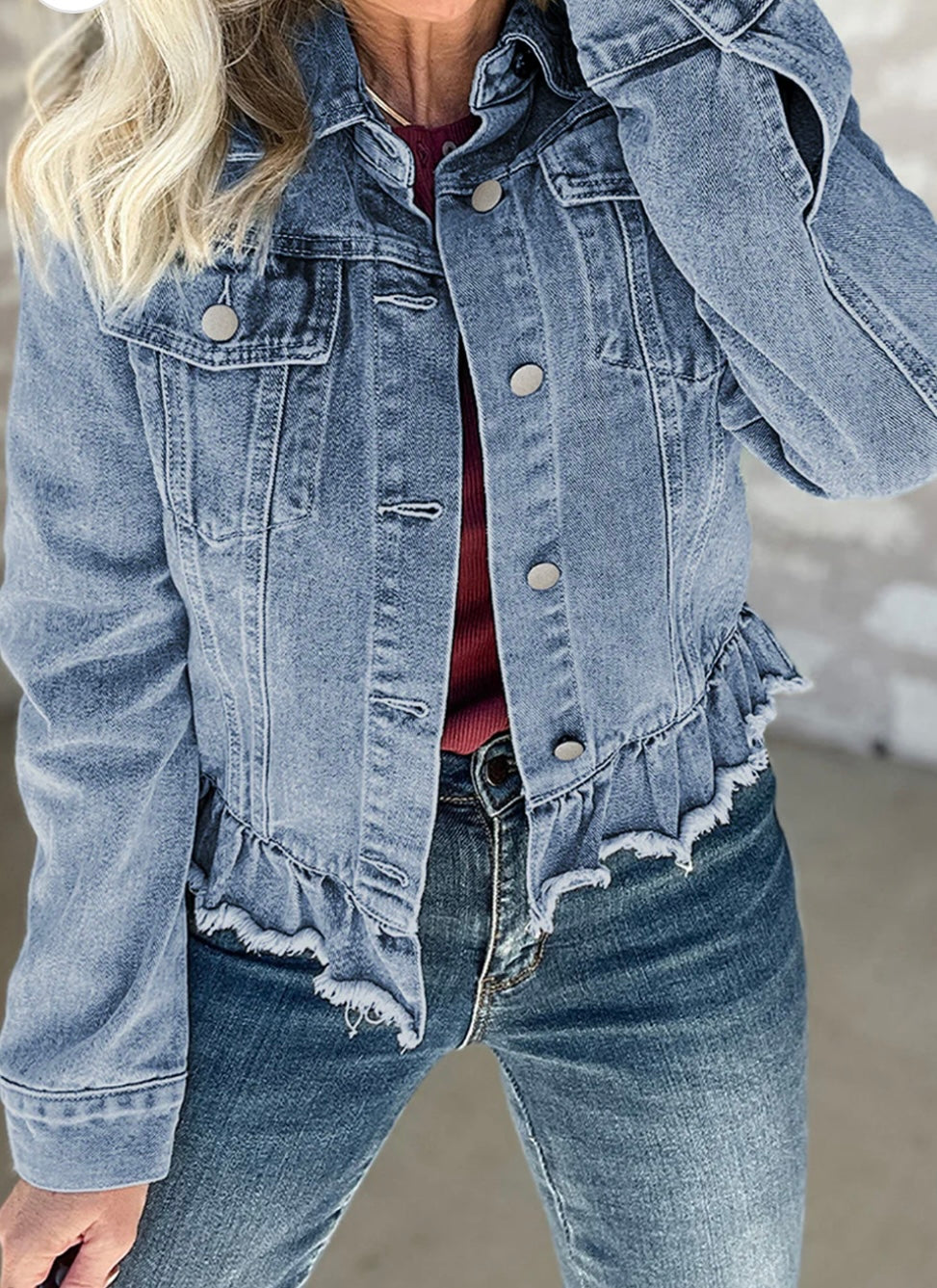 Ruffle Raw Hem Flap Pockets Denim Jacke