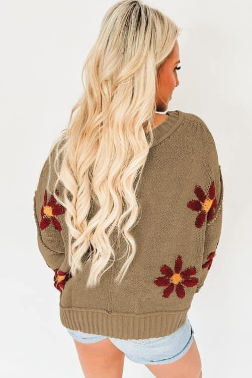 Sage Green Flower Ribbed V Neck Sweater