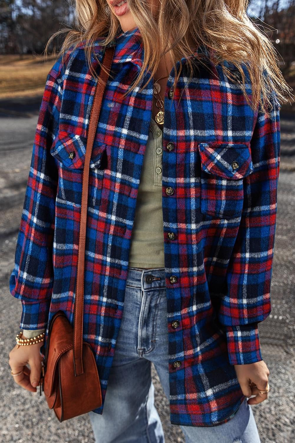 Navy Blue Plaid   Button Up Shacket /jacket