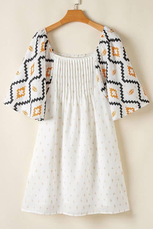 Beige Western Aztec Pleated Mini Dress