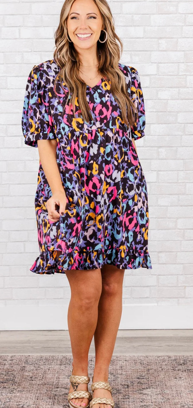 Plus Size Leopard Ruffled Vneck Dress-Ships 6/1