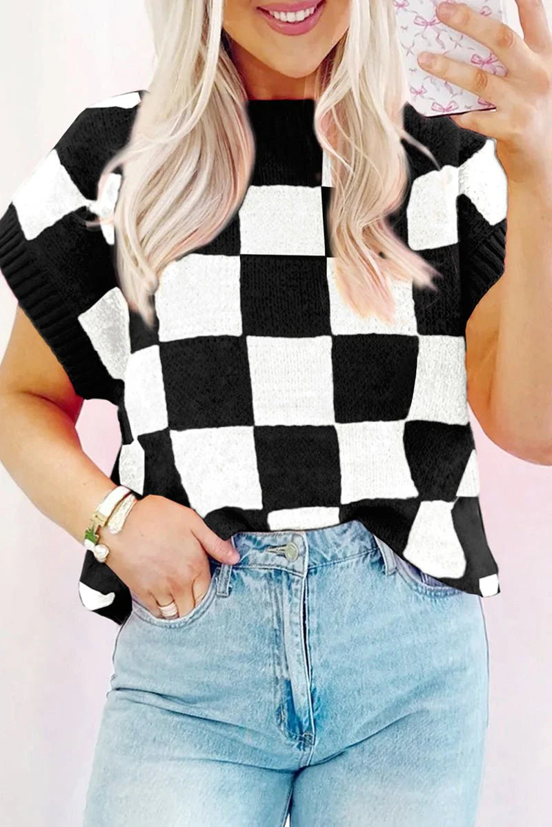 BLACK CHECKERBOARD BATWING SLEEVE SWEATER **SHIPPING EXPECTED TO BEGIN ON DATE 3/10**