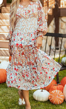 Load image into Gallery viewer, Full Size Printed V-Neck Lantern Sleeve Midi Dress
