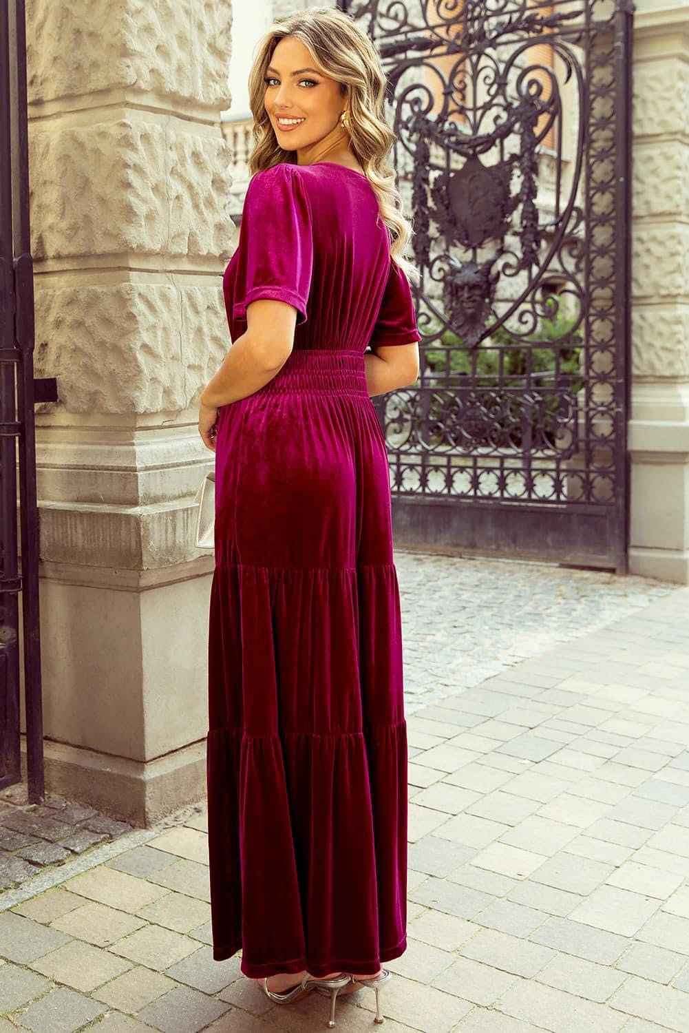 Red Dahlia Velvet Shirred Waist Tiered Maxi Dress