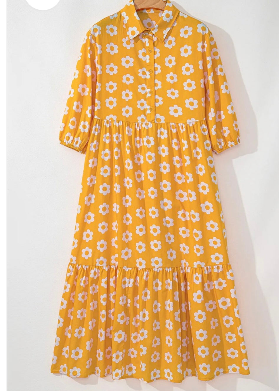 Floral Collared Neck Three-Quarter Sleeve Dress