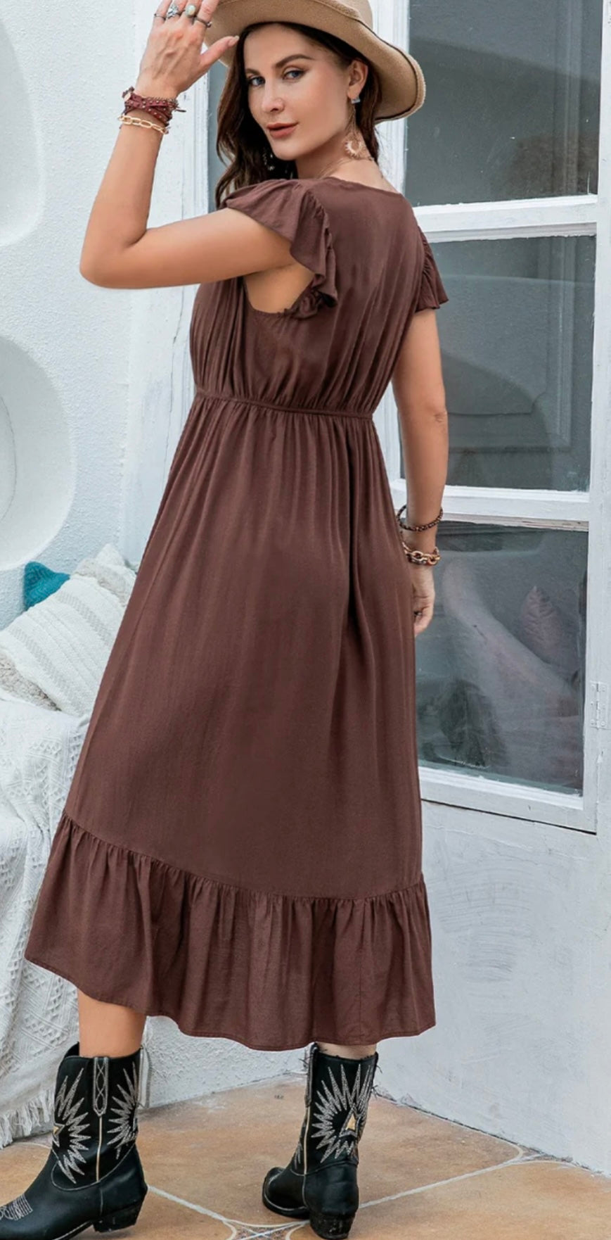 Plus Size Ruffled V-Neck Cap Sleeve Midi Dress