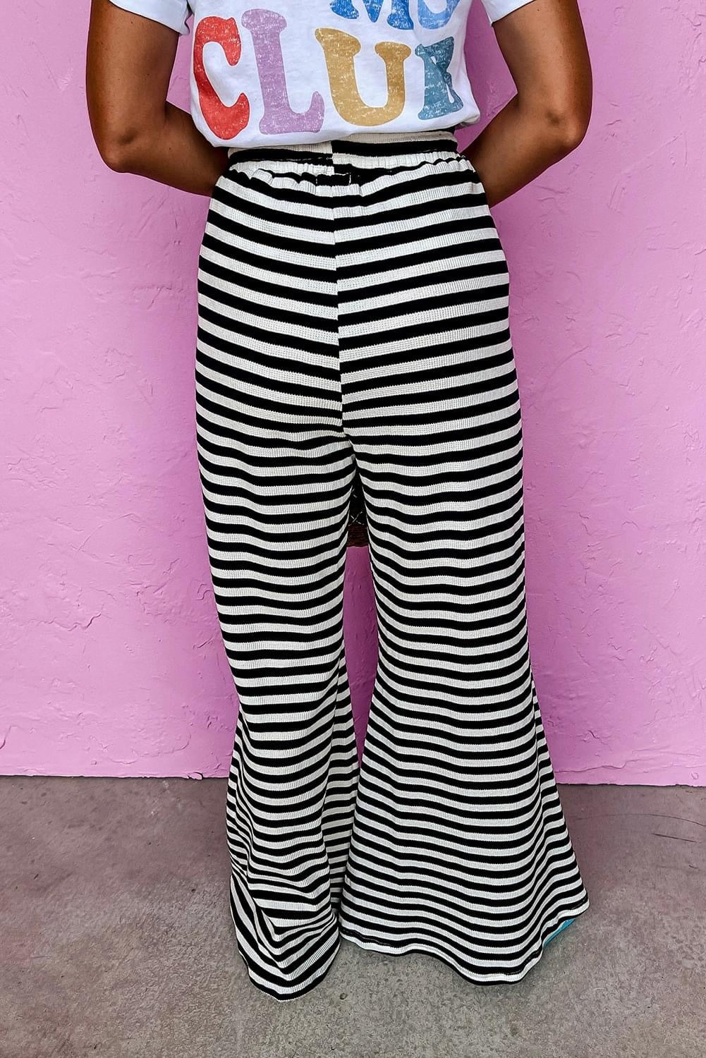 Black Stripe Lace-up Waist Flared pants