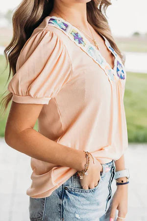 PALE CHESTNUT CAMERON CROCHET V-NECK BLOUSE **SHIPPING EXPECTED TO BEGIN ON DATE 3/12**