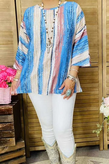 Turquoise Beige serape drop shoulder tunic top