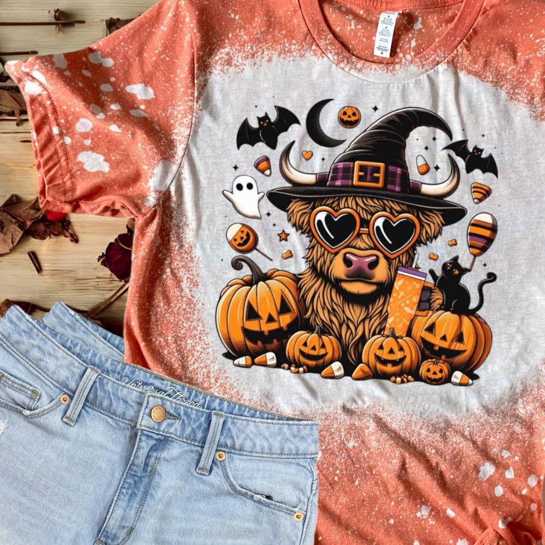 Halloween Highland Cow Bleached Tee