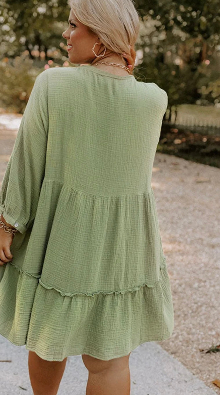 Plus Size Textured Ruffled Green Buttoned Vneck Dress
