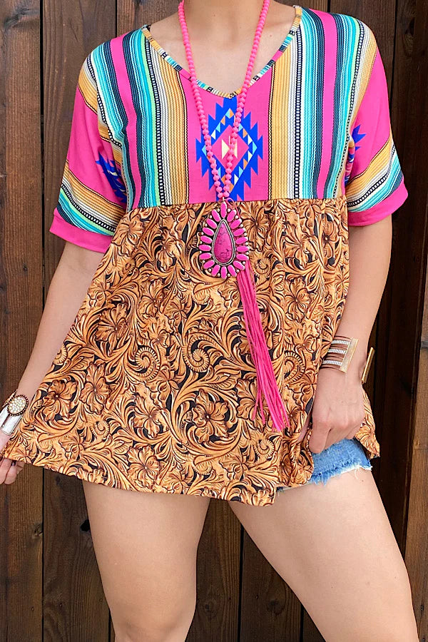 Multi Color Serape Tooled Baby Doll Top