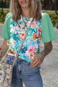 Green Floral Eyelet Embroidered Crew Neck Top