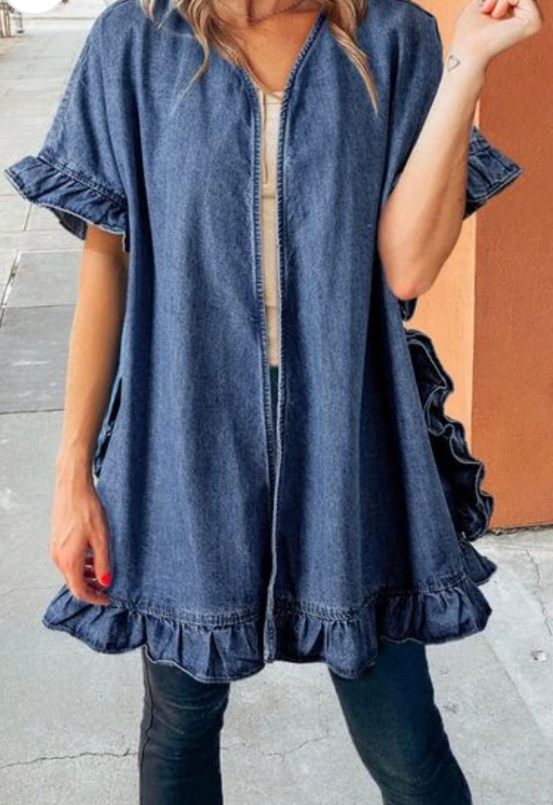 Ruffled Open Front Denim Top