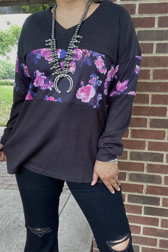 Floral multi color printed black solid color long sleeve Top