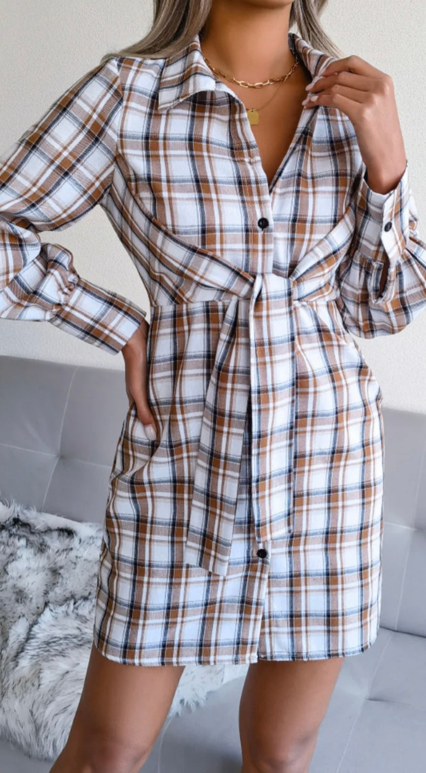 Tied Plaid Long Sleeve Mini Shirt Dress