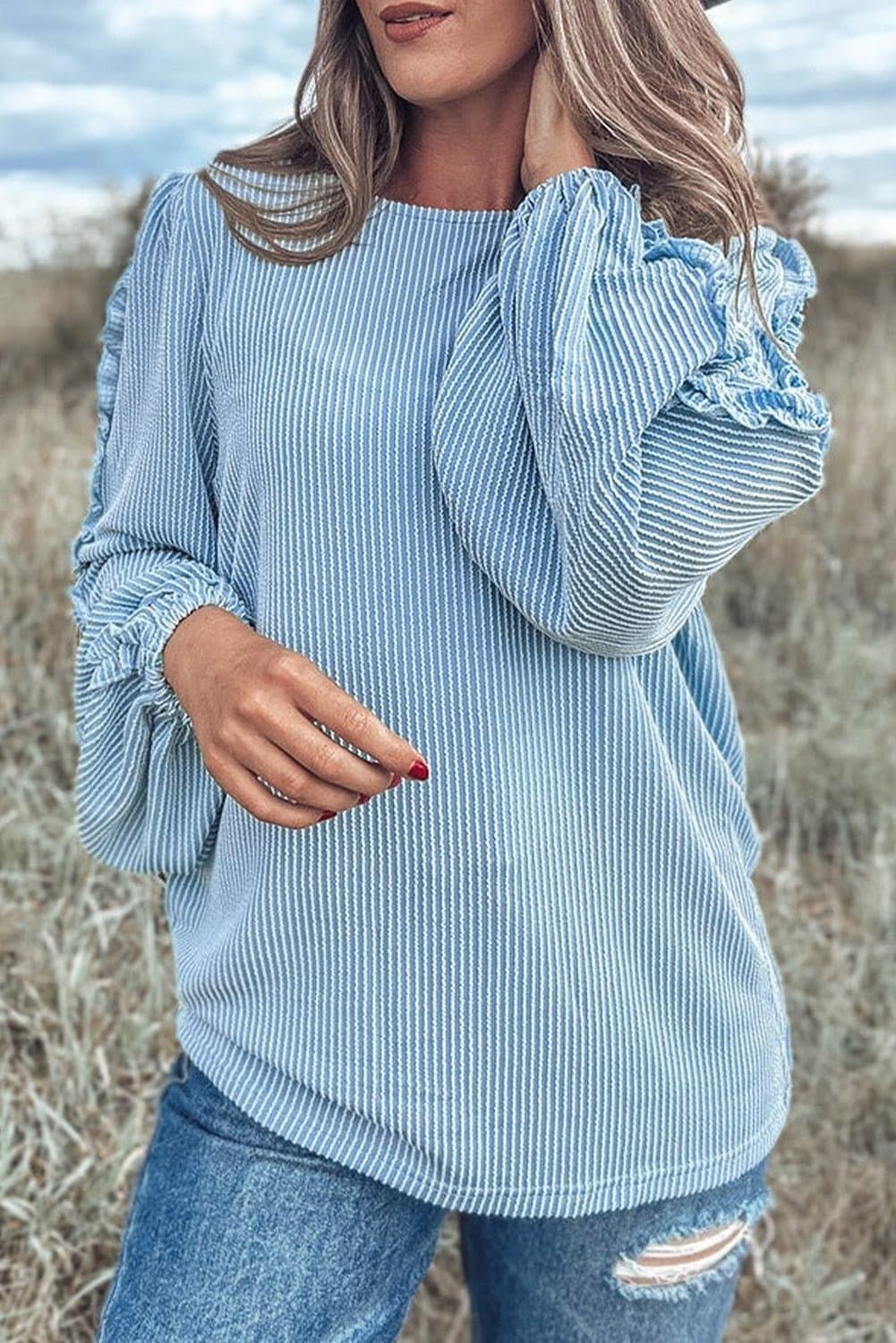 Ribbed Frilly Puff Sleeve Top