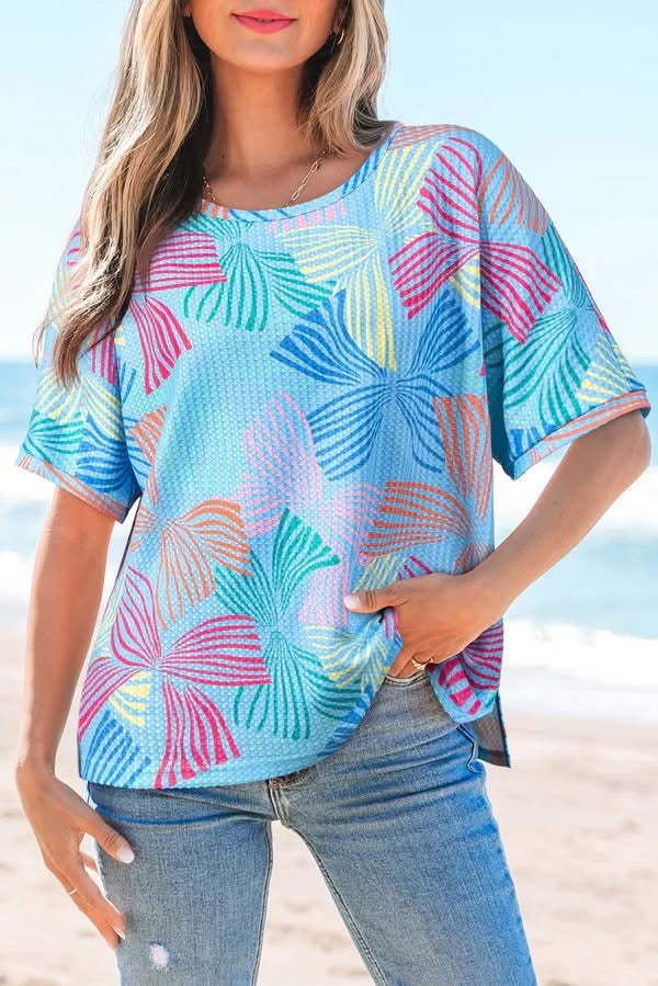 Printed Waffle Crewneck Loose Short Sleeve Top