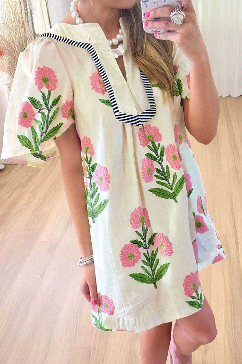 PETAL CRUSH APRICOT STRIPED SPLIT NECK MINI DRESS **SHIPPING EXPECTED TO BEGIN ON DATE 6/14**