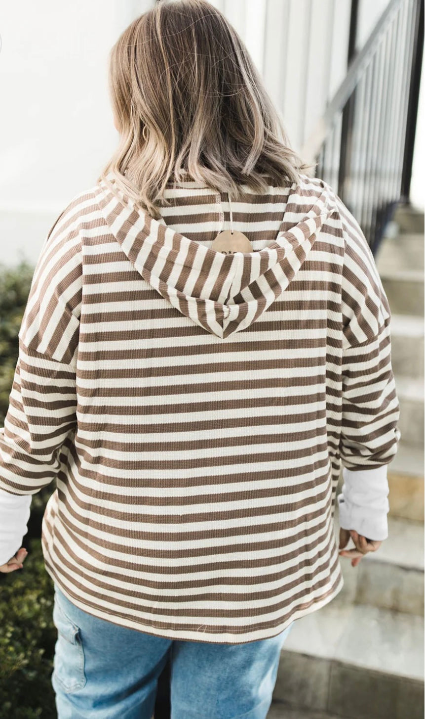 Plus Size Stripe Quarter Buttons Hoodie