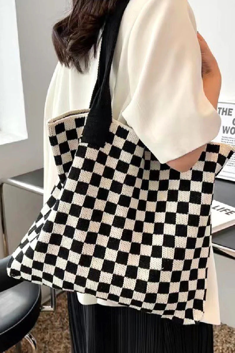 TRAVEL TALES CHECK CROCHET KNIT COMMUTER BAG