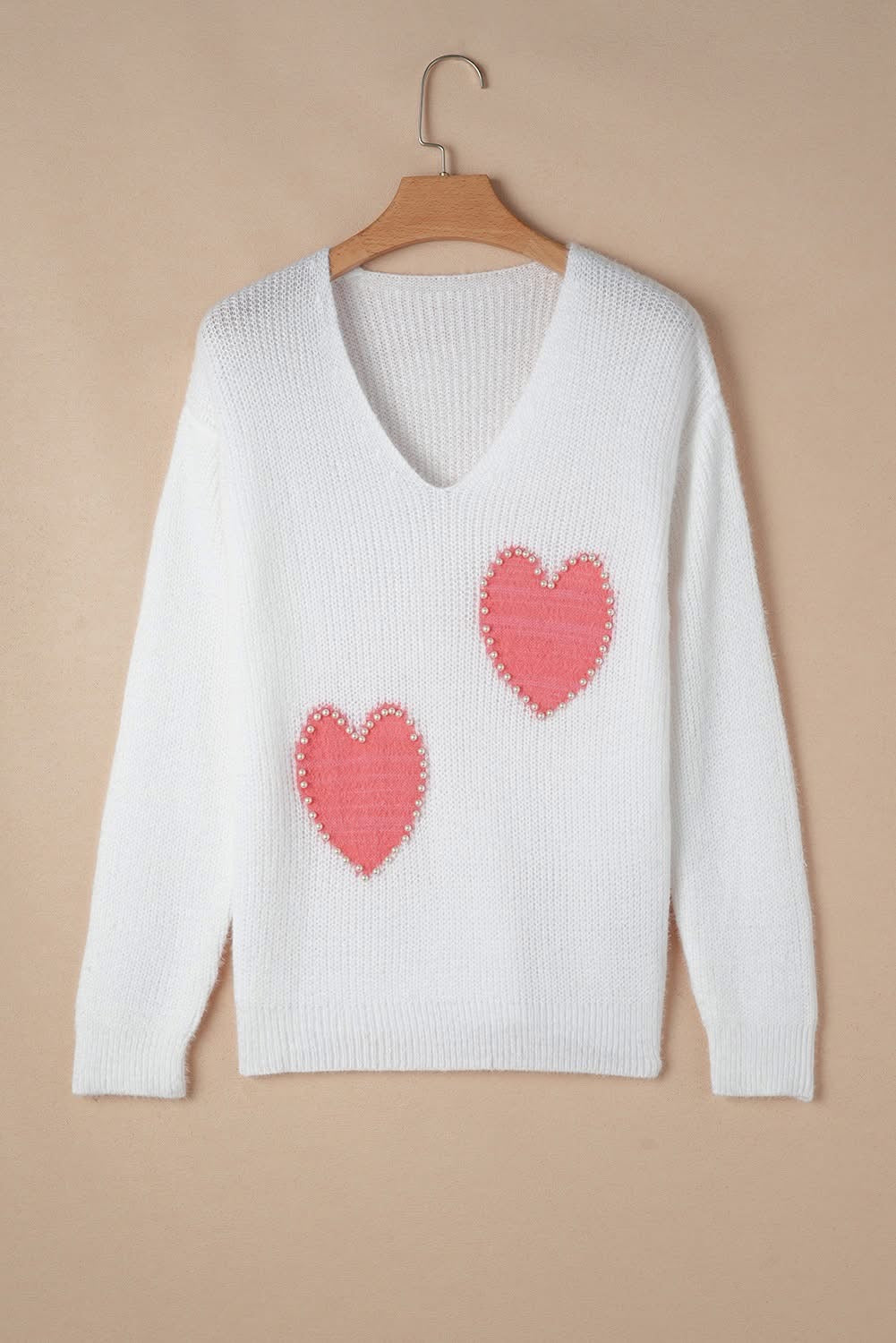White Pearl Beaded Fuzzy v neck sweater
