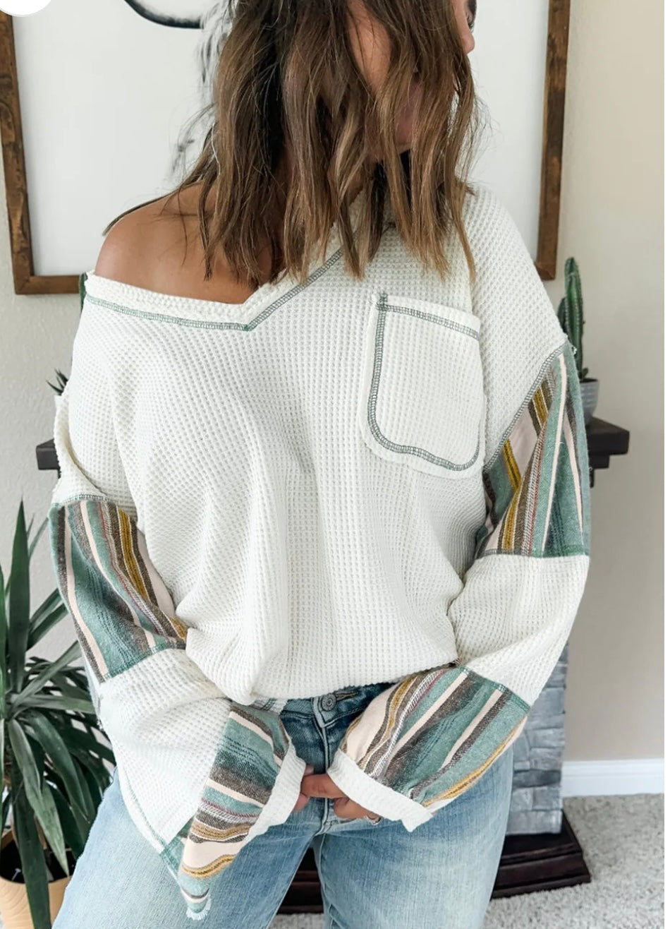Striped Patchwork Waffle Knit Top
