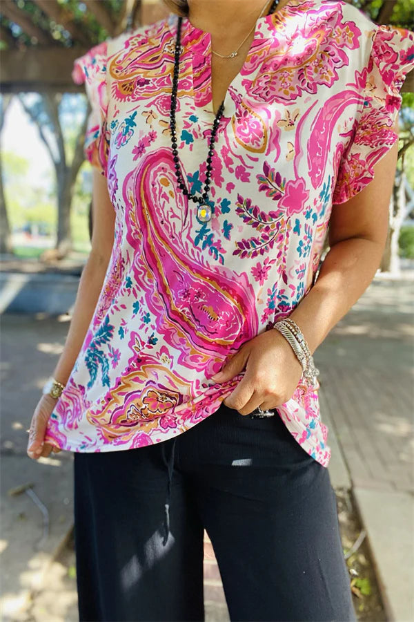 Paisley Multi Color Short Sleeve Vneck Top