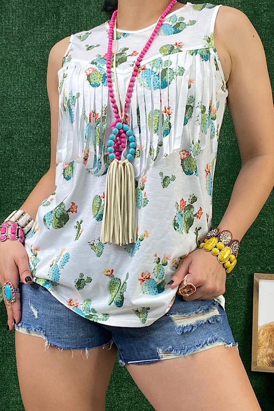 Cactus Print White Tank Top