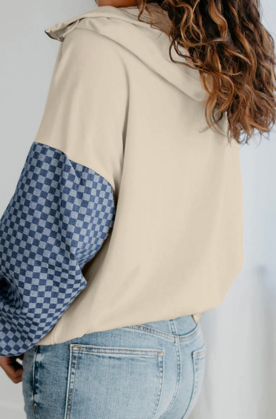 Checkered Patchwork Kangaroo Pocket Half Zipper Hoodie
