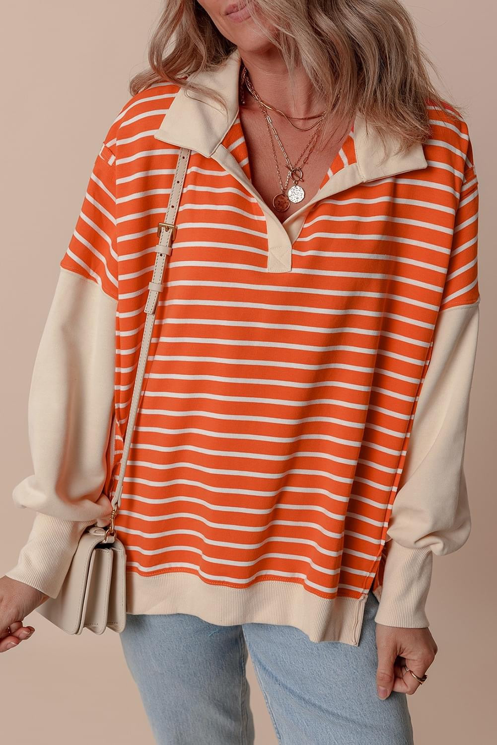 Comfortable With Myself Orange Stripe 
Collared Drop Shoulder Sweatshirt