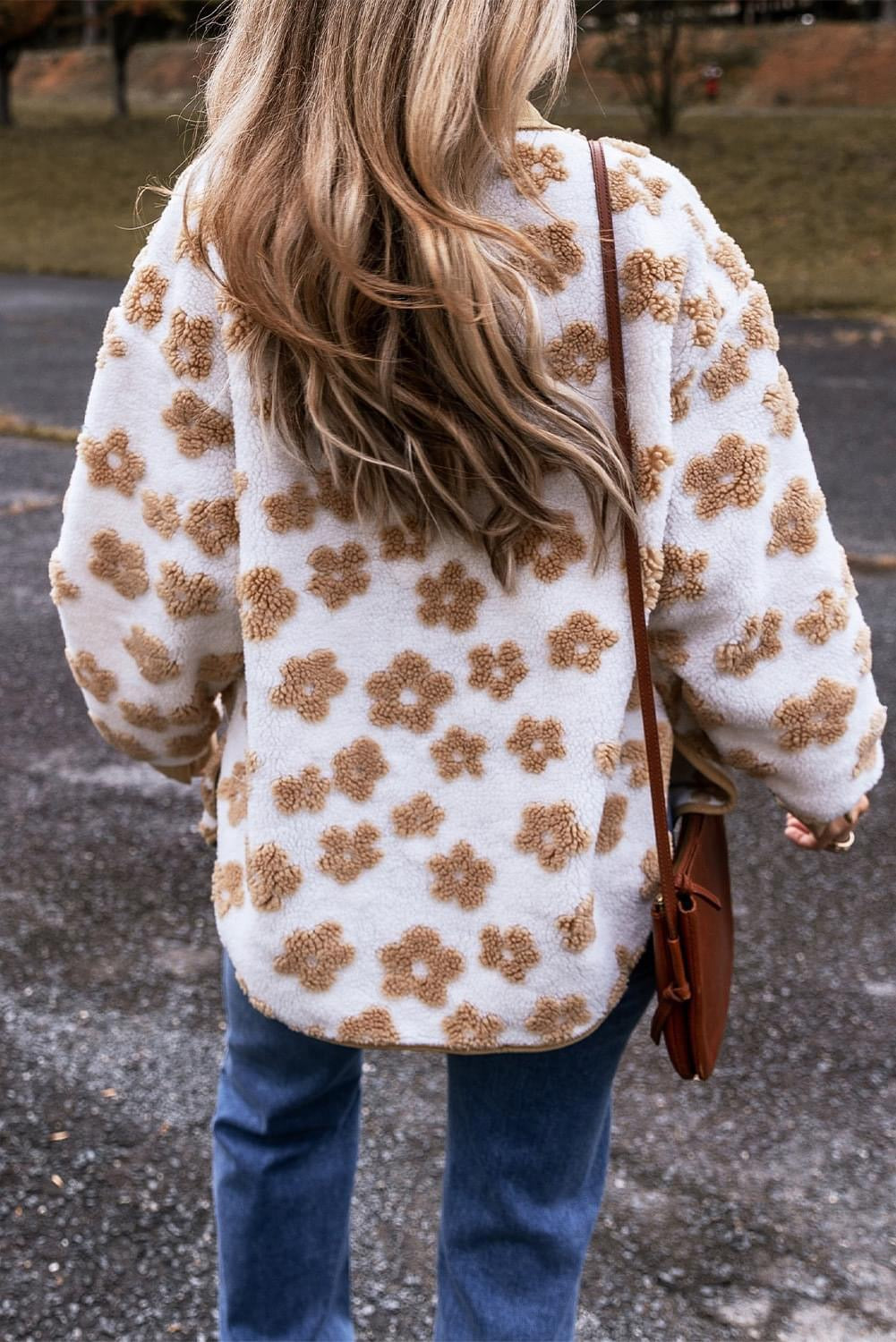 Light French Beige Cute Flower 
Fleece Jacket