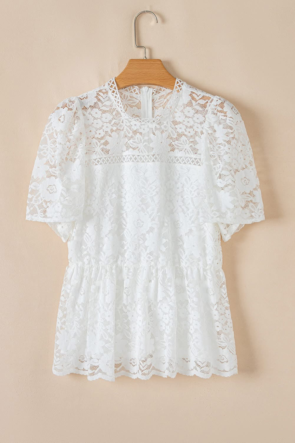 White Scalloped Floral Lace Peplum Blouse