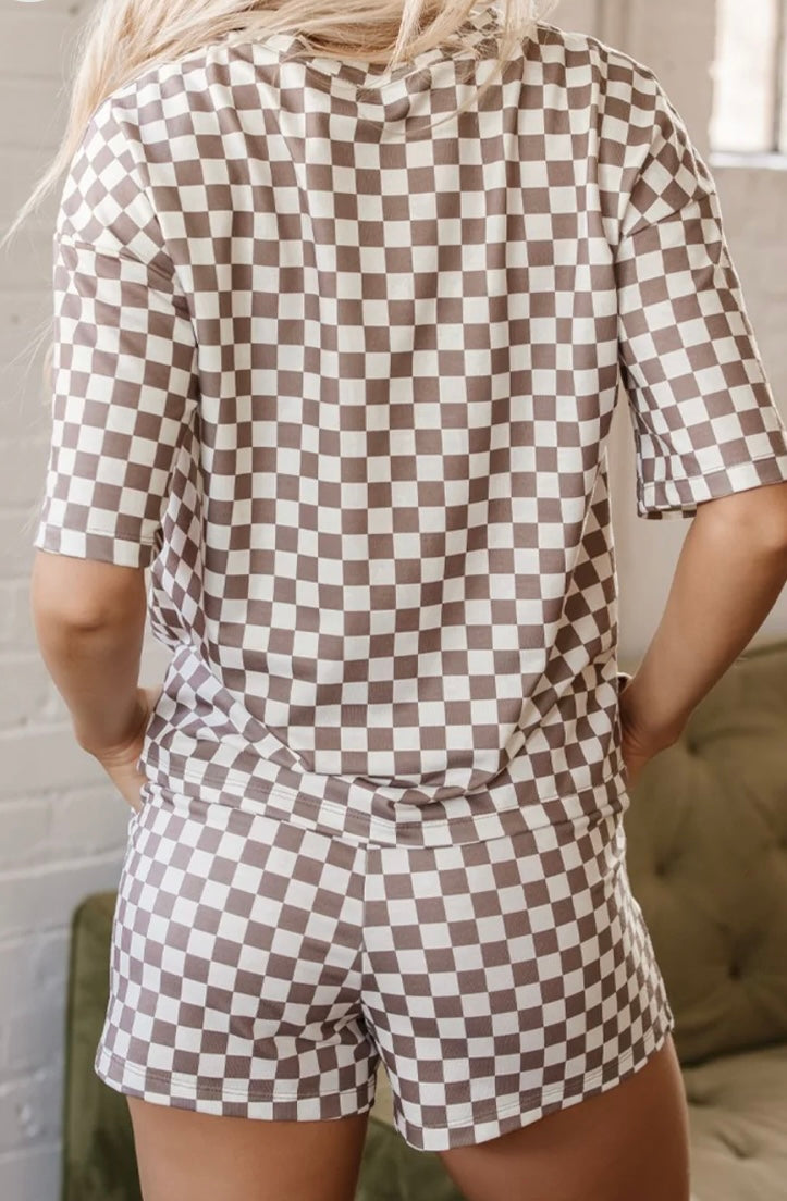 Checkered Round Neck Top and Shorts Set
