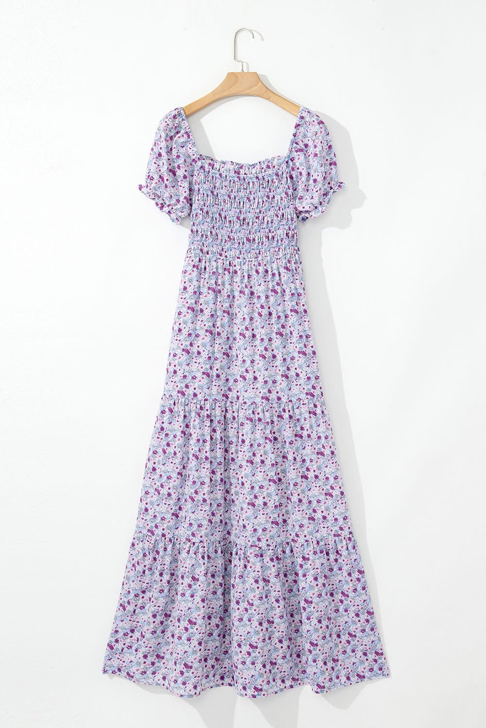 Purple Floral Bubble Sleeve Shirred High Waist Maxi Dress