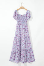 Load image into Gallery viewer, Purple Floral Bubble Sleeve Shirred High Waist Maxi Dress
