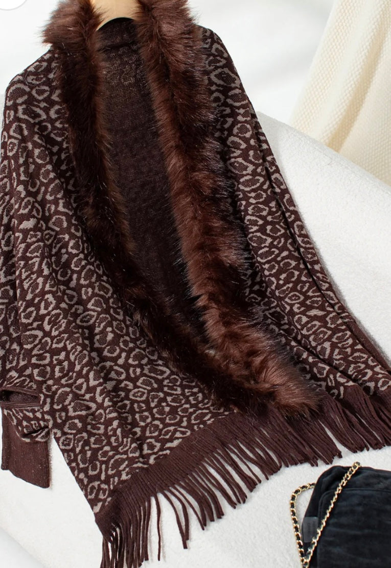 Fringe Leopard Open Front Long Sleeve Poncho