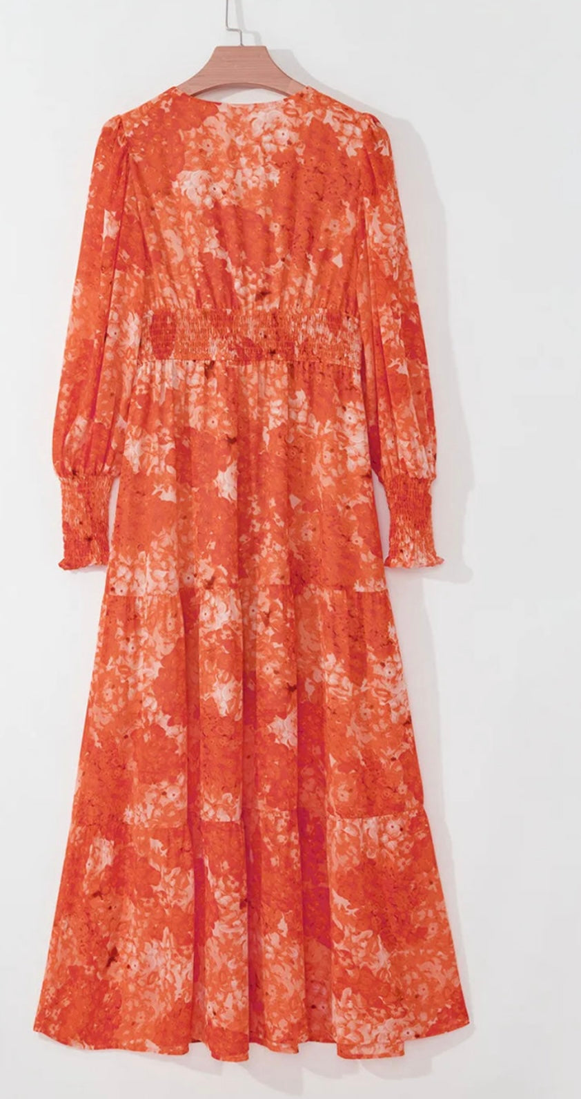 Smocked Printed V-Neck Long Sleeve Dress