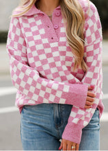 Load image into Gallery viewer, Checkered Buttons Collar Sweater
