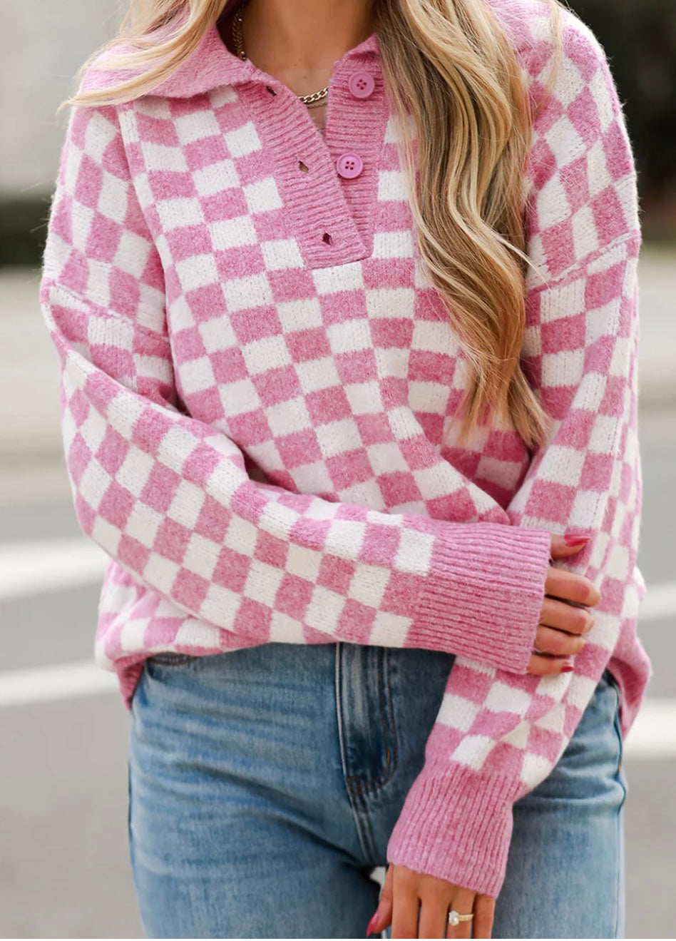 Checkered Buttons Collar Sweater