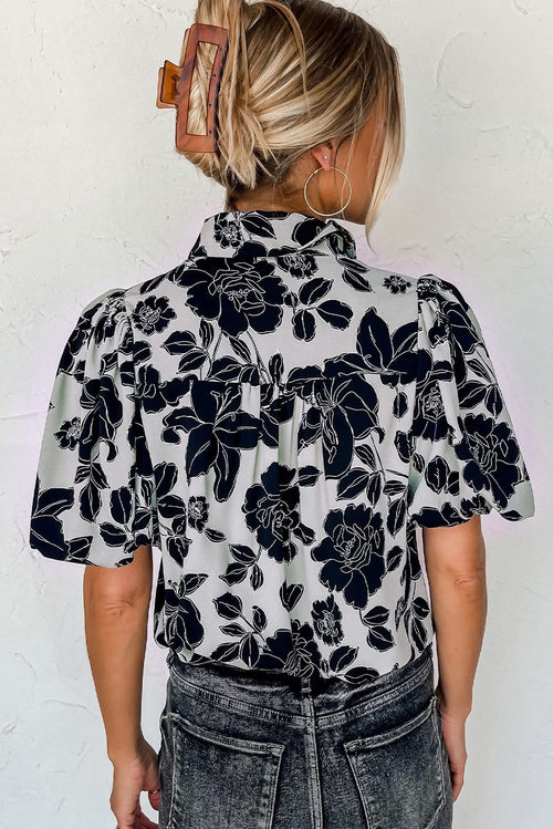Black Floral Bubble Sleeve Casual Shirt