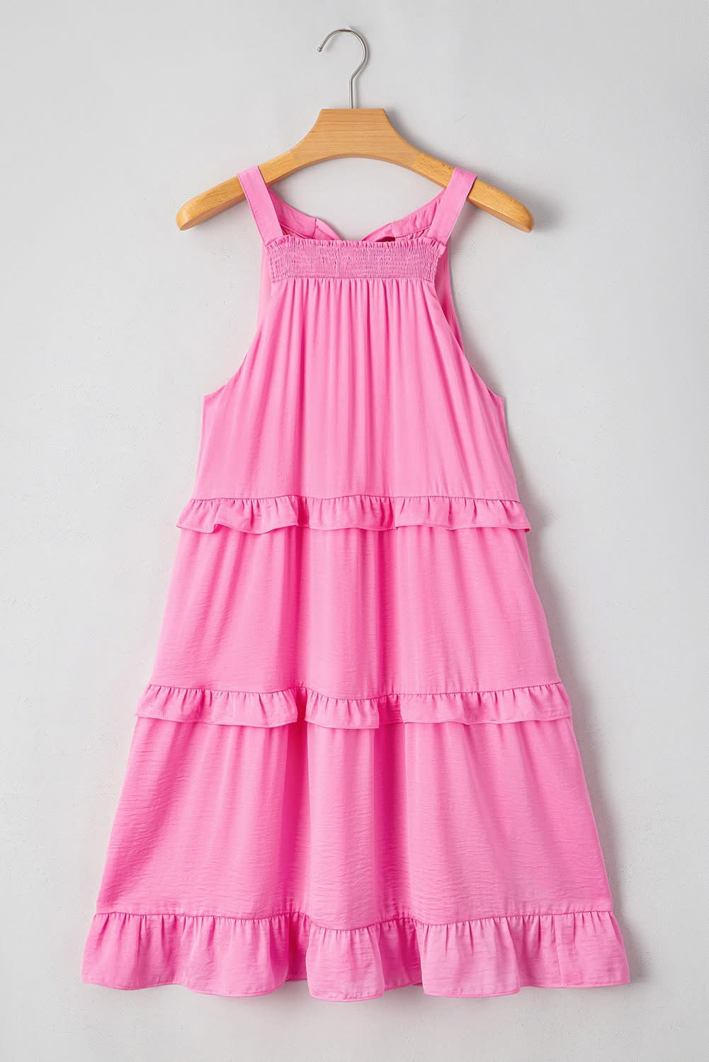 Pink Smocked Knot Back Tiered Mini Dress