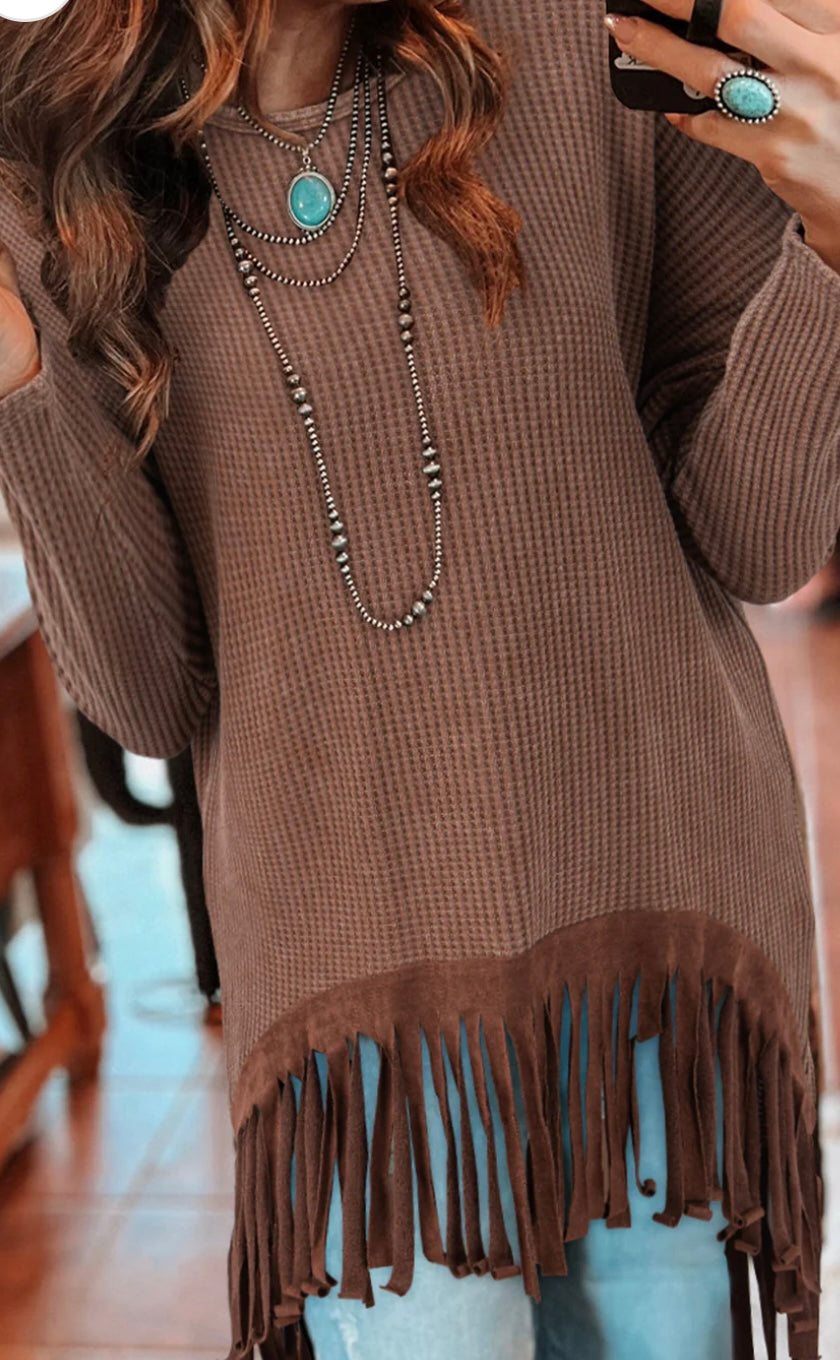 Waffle Knits Fringed High Low Loose Top