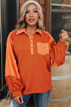 Load image into Gallery viewer, Orange Stripe Exposed Seam Henley Puff Sleeve Sweatshirt
