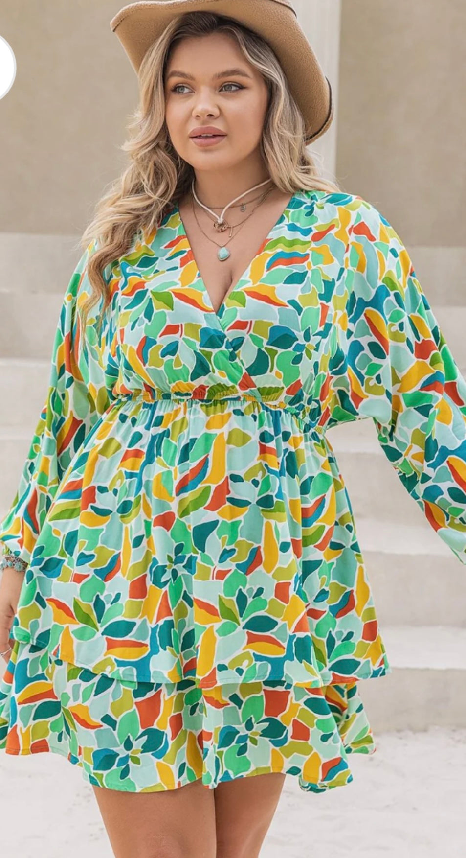 Plus Size Printed Surplice Long Sleeve Mini Dress