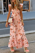 Pink Floral V Neck ruffle hem dress