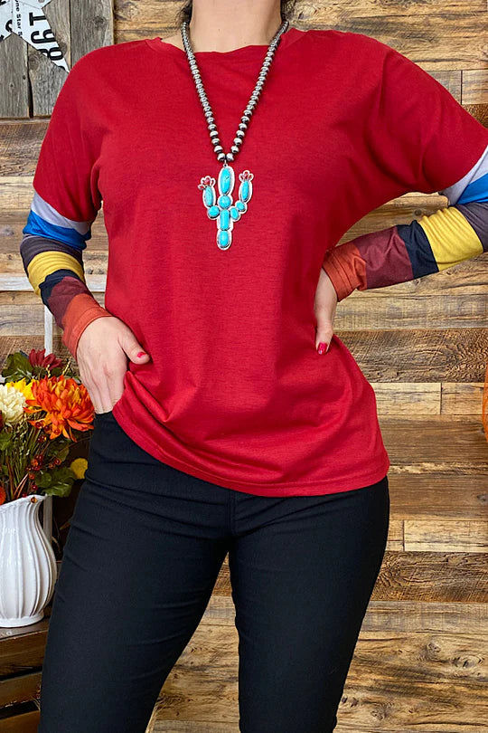 Burgundy Top W/ multi Color Sleeves