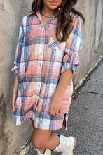 Load image into Gallery viewer, FALL HORIZON PINK PLAID ROLL TAB SLEEVE SHIRT DRESS
