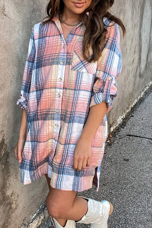 FALL HORIZON PINK PLAID ROLL TAB SLEEVE SHIRT DRESS